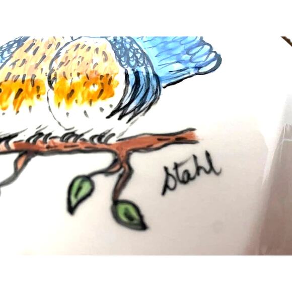 Vtg Bluebird Vase signed Stahl Ceramic White Vase Hand Decorated MCM - Picture 2 of 9